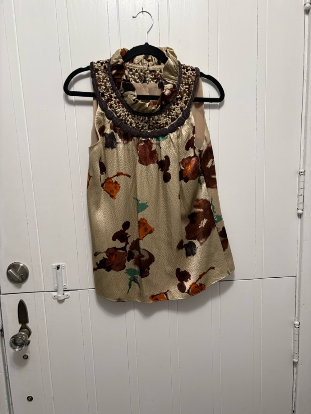 Etcetera Beige Floral Sleeveless Camisole with Embellished Neckline